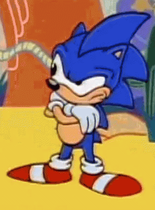 A Cartoon Of Sonic The Hedgehog Standing With His Arms Crossed On A Yellow Background . GIF