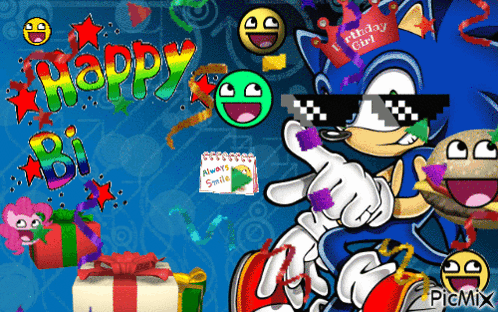 A Cartoon Of Sonic Wearing Sunglasses And A Birthday Hat GIF