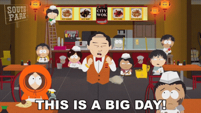 A Cartoon Of South Park Characters In A Restaurant With A Sign That Says City Wok GIF