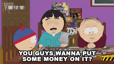 A Cartoon Of South Park Characters Sitting At A Table With The Words You Guys Wanna Put Some Money On It Below Them GIF