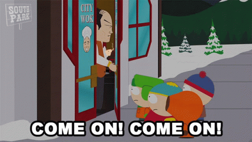 A Cartoon Of South Park Characters Standing Outside Of A City Wok GIF