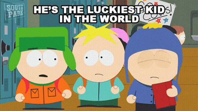 A Cartoon Of South Park Characters With The Caption He 'S The Luckiest Kid In The World GIF