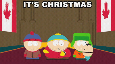 A Cartoon Of South Park Characters With The Words It 'S Christmas GIF