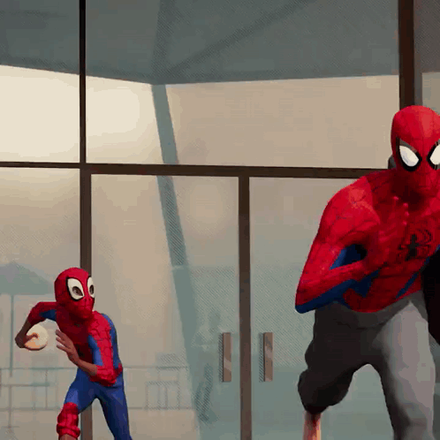 A Cartoon Of Spider-Man And A Smaller Spider-Man Standing In Front Of A Window GIF