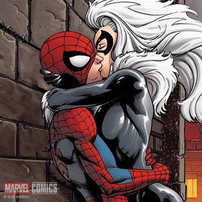 A Cartoon Of Spider-Man And Black Cat Kissing GIF