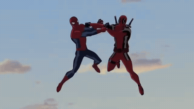 A Cartoon Of Spider-Man And Deadpool Fighting With A Blue Sky In The Background GIF