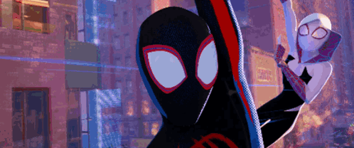 A Cartoon Of Spider-Man And Ghost Spider Flying Through The Air GIF