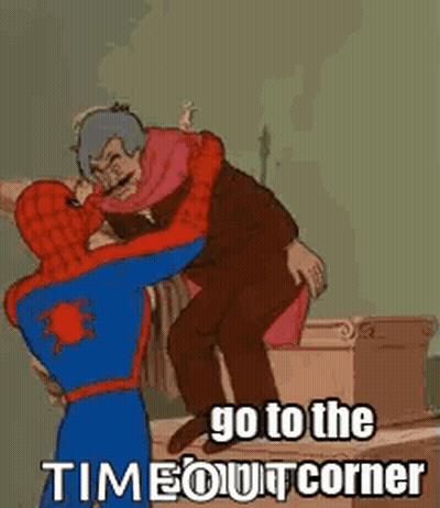 A Cartoon Of Spider-Man Fighting A Man In A Suit And Says `` Go To The Time Out Corner '' . GIF