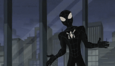 A Cartoon Of Spider-Man Fighting Venom In A Room With People In The Background . GIF