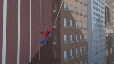 A Cartoon Of Spider-Man Flying Through A City Street GIF