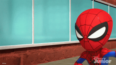 A Cartoon Of Spider-Man From Disney Junior Is Standing In Front Of A Window GIF