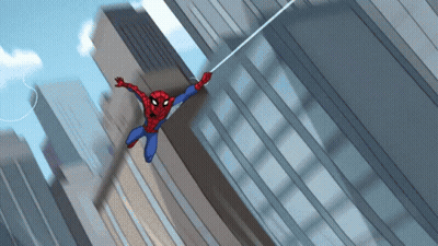 A Cartoon Of Spider-Man Hanging From A Rope Between Two Buildings GIF