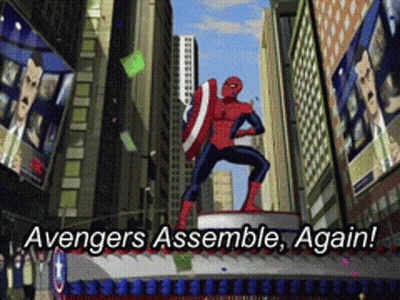 A Cartoon Of Spider-Man Holding A Captain America Shield With The Words Avengers Assemble Again GIF