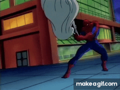 A Cartoon Of Spider-Man Holding A Spider Web In His Hands . GIF