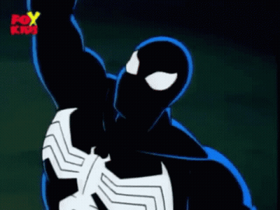 A Cartoon Of Spider-Man In A Black Suit Is Flying Through The Air With His Arms In The Air . GIF