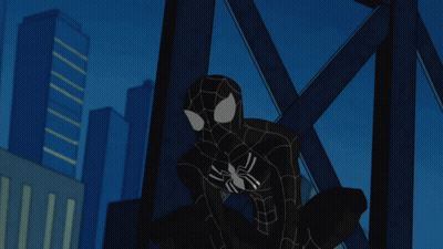 A Cartoon Of Spider-Man In A Black Suit Standing In Front Of A City Skyline GIF