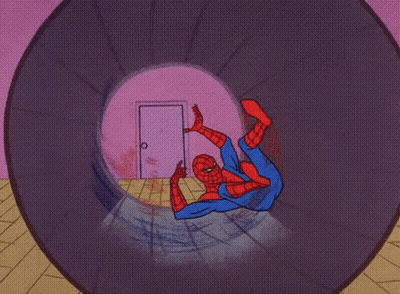 A Cartoon Of Spider-Man In A Purple Tube GIF