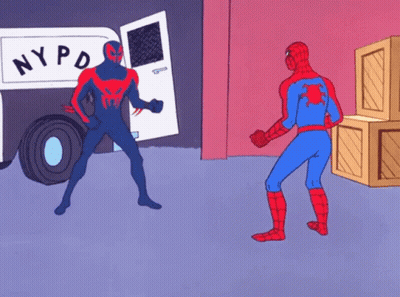A Cartoon Of Spider-Man Pointing At Another Spider-Man In Front Of A Nypd Truck GIF