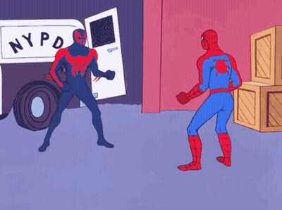 A Cartoon Of Spider-Man Pointing At Another Spider-Man In Front Of A Nypd Truck GIF