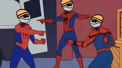 A Cartoon Of Spider-Man Pointing At Another Spiderman GIF