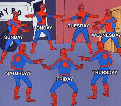 A Cartoon Of Spider-Man Pointing At Different Days Of The Week Including Monday Tuesday And Wednesday GIF