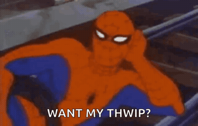 A Cartoon Of Spider-Man Saying `` Want My Thwip? '' GIF