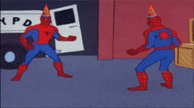 A Cartoon Of Spider-Man Wearing A Birthday Hat Pointing At Another Spider-Man GIF