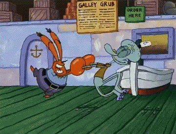 A Cartoon Of Spongebob And A Sign That Says Galley Grub Order Here GIF