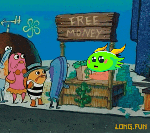 A Cartoon Of Spongebob And His Friends Selling Free Money GIF