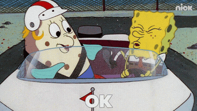 A Cartoon Of Spongebob And Mrs. Bikini Bottom In A Car That Says " Ok " GIF