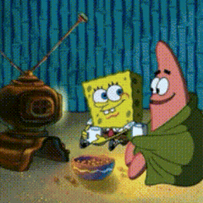 A Cartoon Of Spongebob And Patrick Eating Cereal In Front Of A Tv GIF