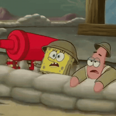 A Cartoon Of Spongebob And Patrick In A War Scene GIF
