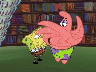 A Cartoon Of Spongebob And Patrick In Front Of A Library GIF