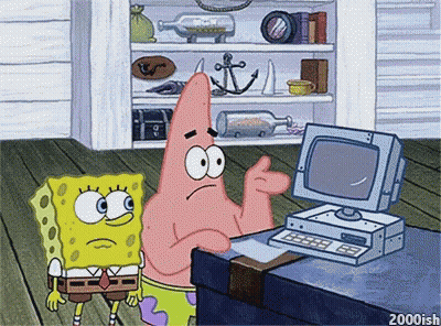 A Cartoon Of Spongebob And Patrick Looking At A Computer Monitor GIF