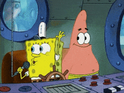 A Cartoon Of Spongebob And Patrick On A Boat With A Microphone GIF