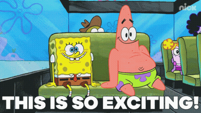 A Cartoon Of Spongebob And Patrick On A Bus With The Words " This Is So Exciting " GIF
