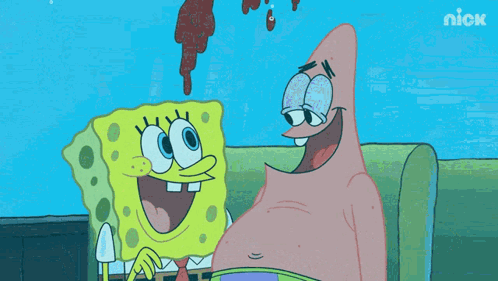 A Cartoon Of Spongebob And Patrick Sitting On A Couch With The Nick Logo In The Corner GIF