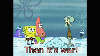A Cartoon Of Spongebob And Patrick Standing In The Snow With The Words Then It 'S War Below Them GIF
