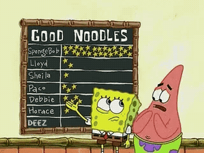 A Cartoon Of Spongebob And Patrick Standing Next To A Blackboard That Says Good Noodles . GIF
