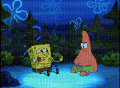 A Cartoon Of Spongebob And Patrick Standing Next To Each Other In The Water GIF