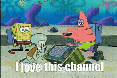 A Cartoon Of Spongebob And Patrick That Says " I Love This Channel " GIF