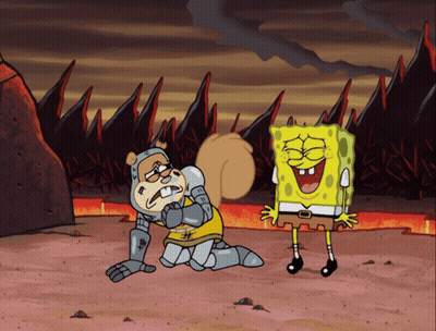 A Cartoon Of Spongebob And Sandy Cheeks Kneeling In The Dirt GIF