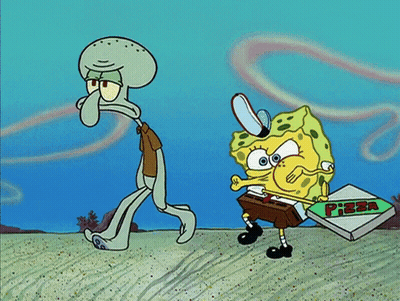 A Cartoon Of Spongebob And Squidward Carrying A Box Of Pizza GIF
