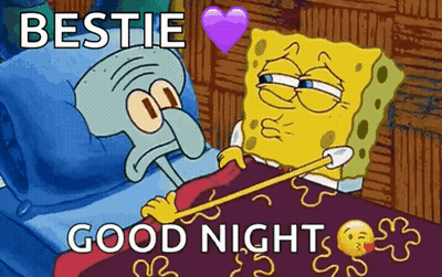 A Cartoon Of Spongebob And Squidward Laying In Bed With The Words Bestie Good Night On The Bottom GIF