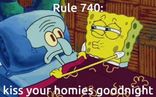 A Cartoon Of Spongebob And Squidward Laying In Bed With The Words Rule 740 Kiss Your Homies Goodnight GIF