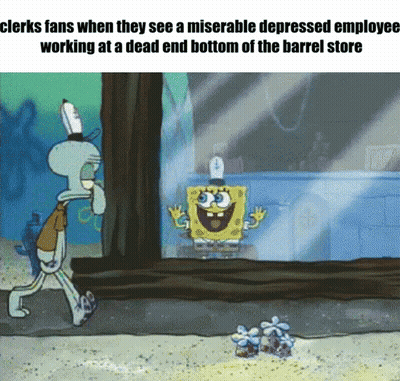A Cartoon Of Spongebob And Squidward Looking Out A Window At A Depressed Employee GIF