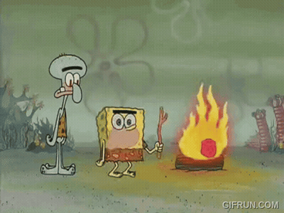 A Cartoon Of Spongebob And Squidward Standing Next To A Fire With Gifrun.com At The Bottom GIF