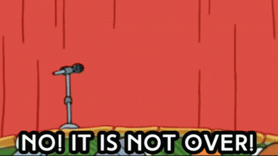A Cartoon Of Spongebob And Squidward Standing On A Stage With The Words No It Is Not Over . GIF
