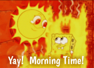 A Cartoon Of Spongebob And The Sun With The Words Yay Morning Time Below Them GIF