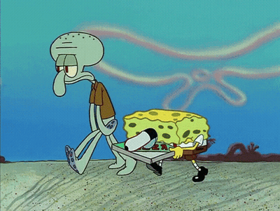 A Cartoon Of Spongebob Carrying A Box Of Pizza And Squidward Carrying A Surfboard GIF